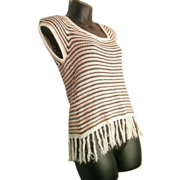 Soho Jeans NY & Co Pink, Black White Striped, Short Sleeve S Knit Sweater Fringe - Picture 3 of 6